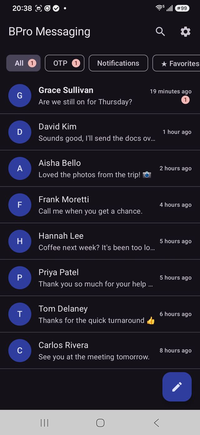 BPro Messaging inbox with tabs across the top: All, OTP, Notifications, Favorites