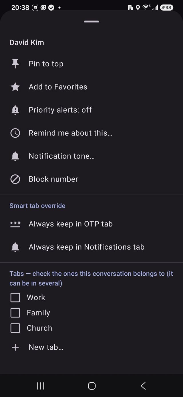 Conversation menu: add a chat to Work, Family, or Church tabs, or always keep it in OTP or Notifications