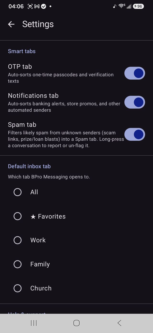 Smart tabs settings: OTP, Notifications, and a Spam tab that filters likely spam from unknown senders