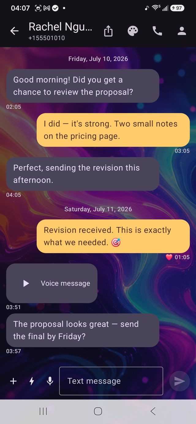 A conversation with a colorful custom background and a voice message in the thread