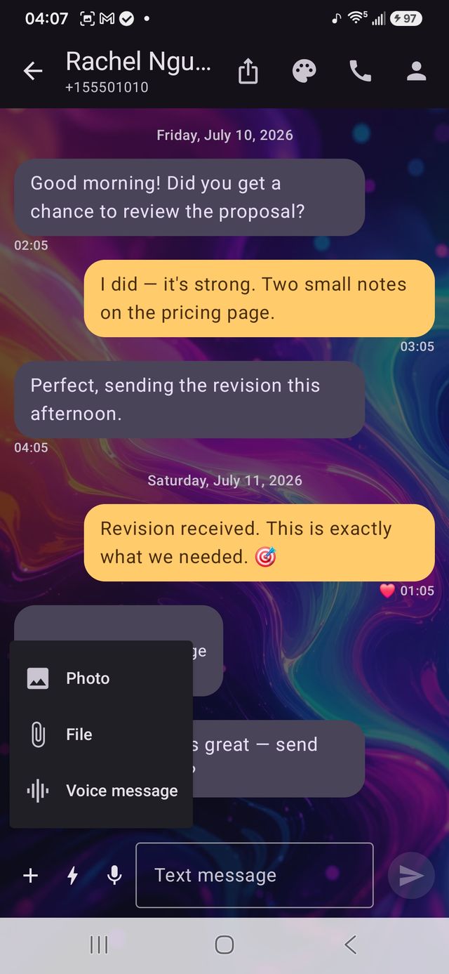 Attachment menu open in a conversation with options for Photo, File, and Voice message