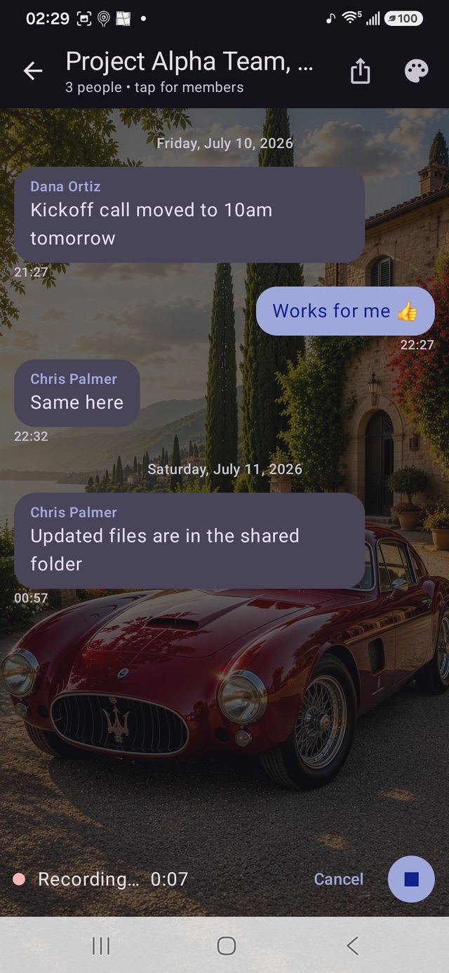 A group conversation with each sender's name and a custom photo background
