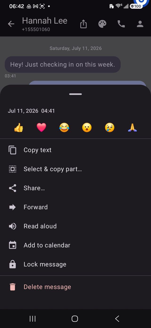 Message options including reactions, copy, forward, read aloud, add to calendar, and lock message