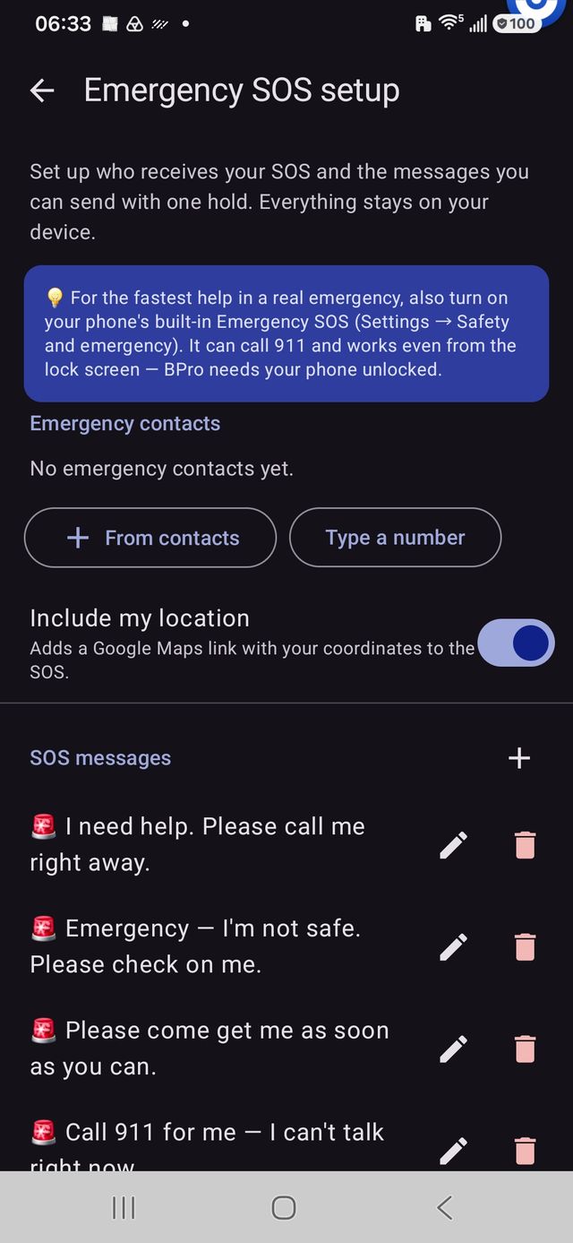 Emergency SOS setup with emergency contacts, location sharing, and preset SOS messages
