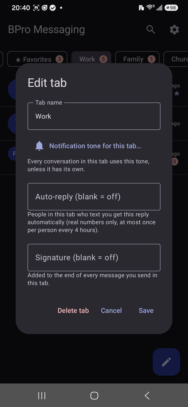 Edit tab dialog with per-tab notification tone, auto-reply, and signature